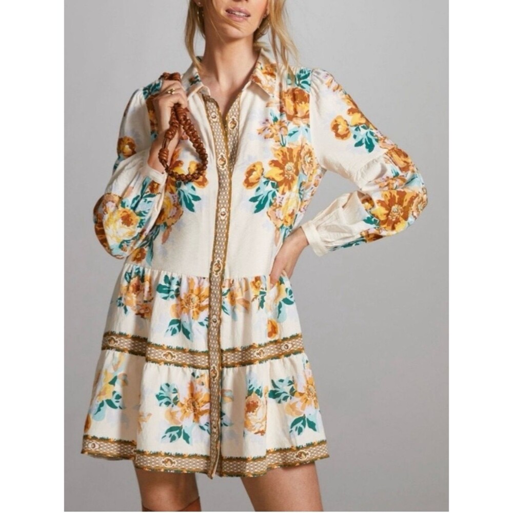 Anthropologie Floral Tiered Button-Front Mini Shirtdress Size Medium Petite